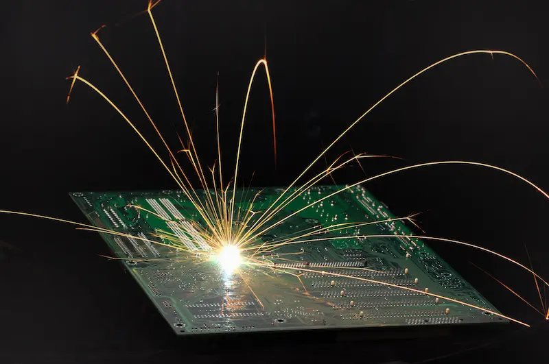 Circuit board with electric sparks and flashes