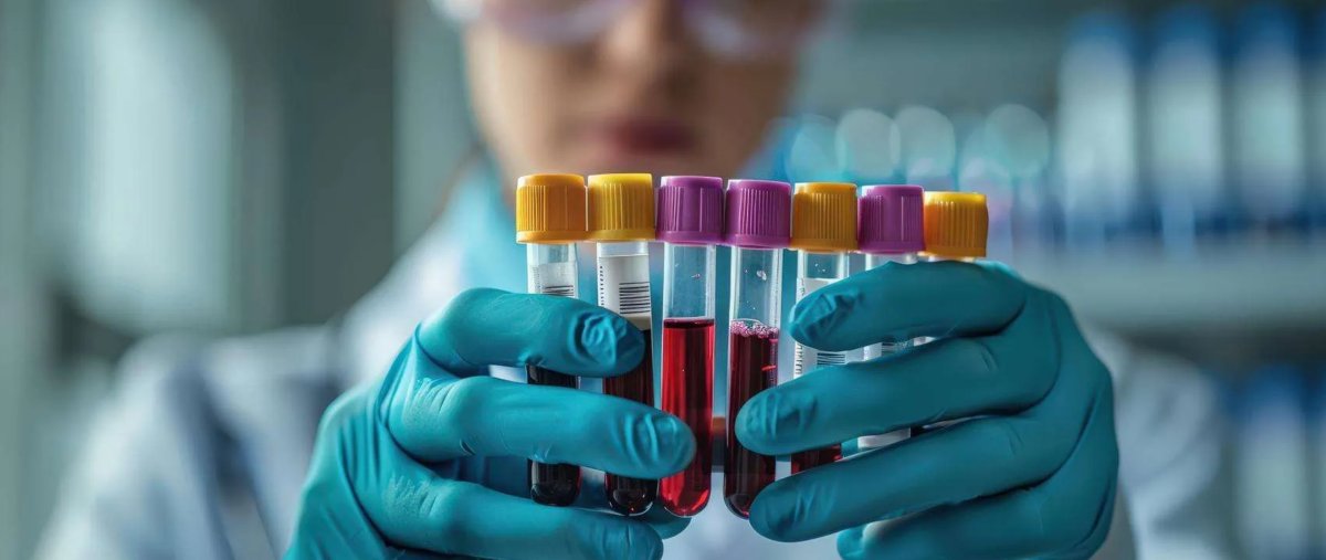 Clinician's hands holding 7 test tubes with purple and yellow caps and samples inside.