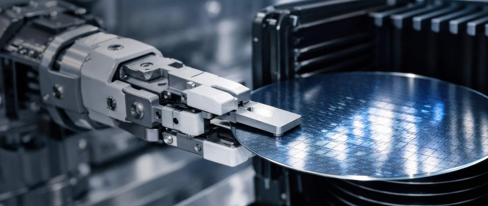 Microelectronics manufacturer automated semiconductor automation concept, robotic end effector handling silicon wafer from FOUP highlighting Industry 4.0 precision cleanroom technology