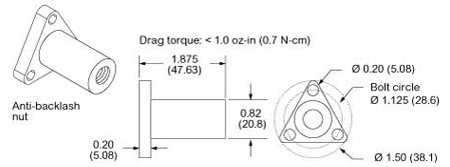 Line drawing of a anti-backlash nut with a max thrust of 25 lbs