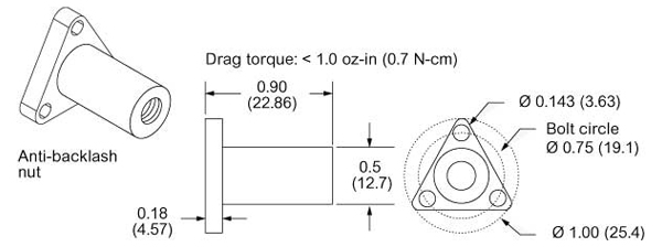 Line drawing of a anti-backlash nut with a max thrust of 5 lbs