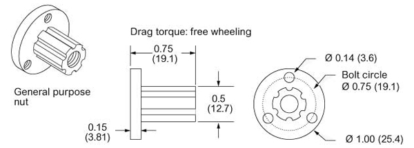 Line drawing of a general purpose nut with a max thrust of 25 lbs