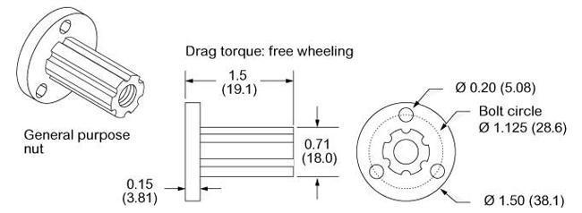 Line drawing of a general purpose nut with a max thrust of 60 lbs