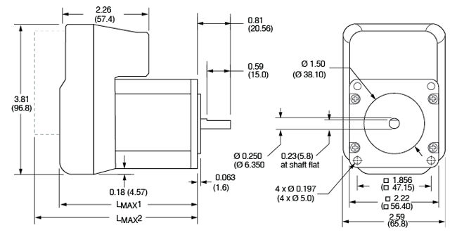 Line drawing of the mechanical dimensions of the motor