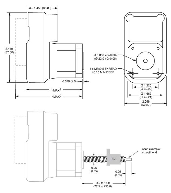 Line drawing of the mechanical dimensions of the motor
