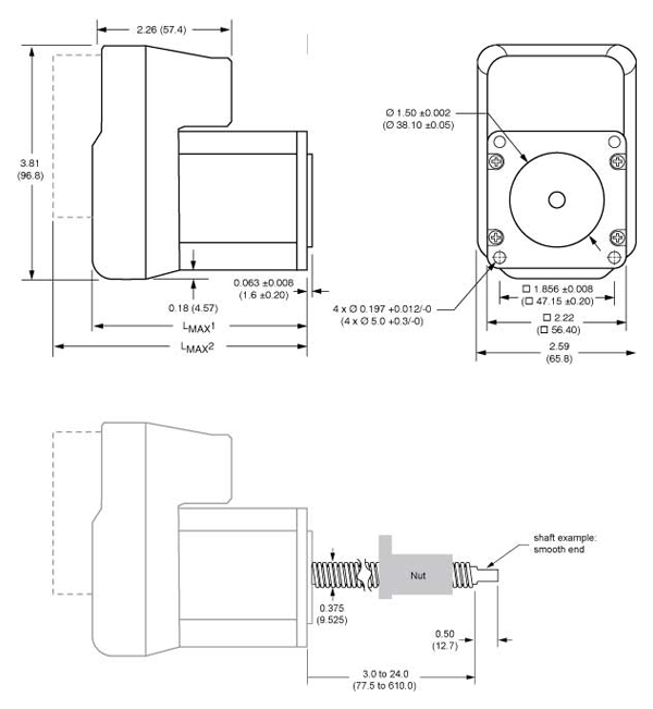 Line drawing of the mechanical dimensions of the motor
