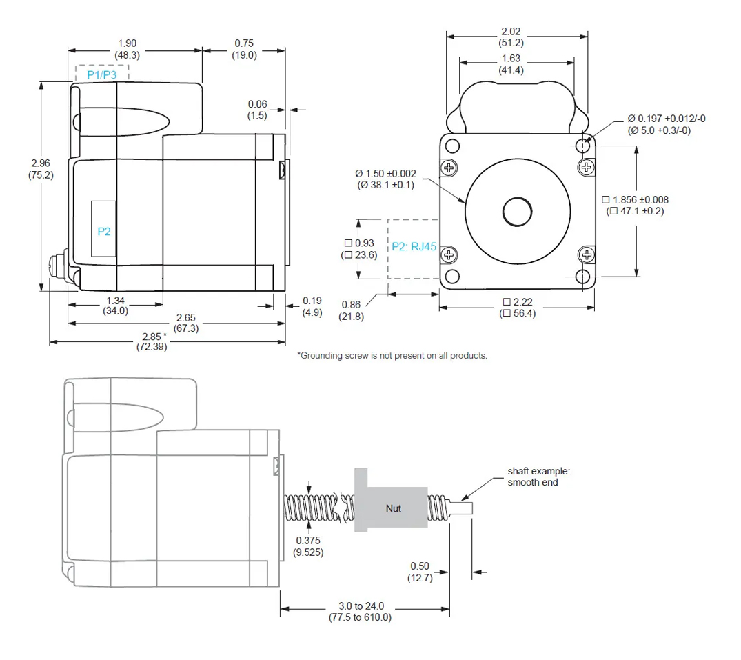Line drawing of the mechanical dimensions of the motor