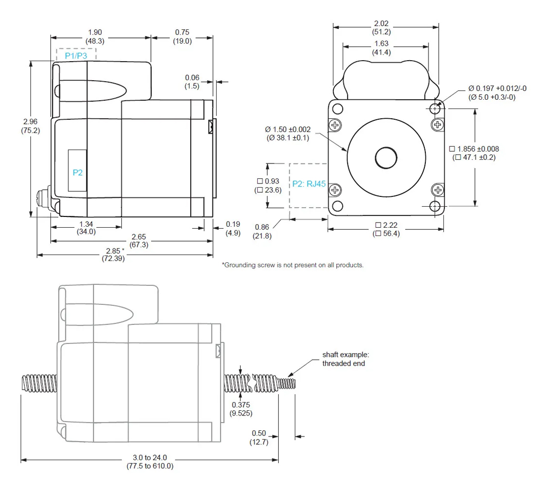 Line drawing of the mechanical dimensions of the motor